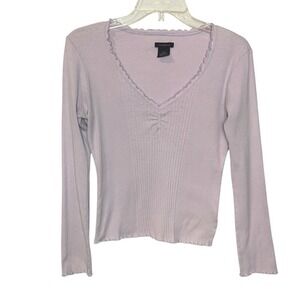 Ribbed Lavender V-Neck Long Sleeved Top Large 90s Y2K